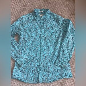 Ariat Western Button Down Shirt Women’s XL Turquoise Cowboy Cactus Print Rodeo